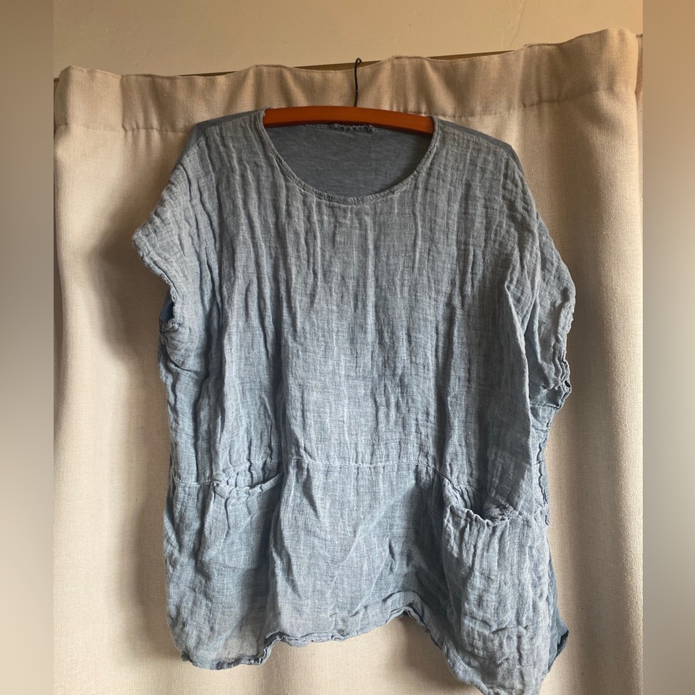 Made in Italy Muted Blue Linen Short Sleeve Top Shirt Sz Medium